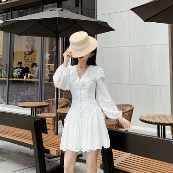 KHALEE YOSE Blanco Casual Elegante Mini Vestido de Otoño de la Vendimia Vestidos para las Mujeres de Algodón de Encaje de Manga Larga Pura Fiesta Vestido de las Señoras