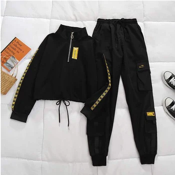 Juego de dos piezas de Streetwear Pantalones de las Mujeres 2020 Negra de Cintura Alta Primavera Otoño Casual Estudiante Sweatershirt+Pantalón Negro