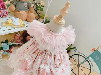 2PCS española Lolita vestido de princesa de Encaje de costura de impresión sin Mangas lindo vestido de bola de cumpleaños de Pascua de vestir para las niñas vestidos Y3105