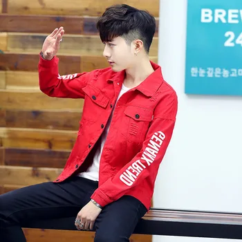 Mayorista de 2020 Primavera Otoño chaqueta de Mezclilla masculino de hip hop bf coreano chaqueta de Harajuku rojo/negro de la Letra Impresa Arrancó Agujero de la capa macho
