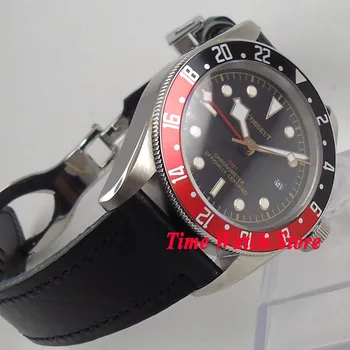 Calidad de lujo 41mm Corgeut GMT hombres reloj de pulsera impermeable de buceo piloto de cuero de acero esfera de color negro rojo zafiro Automático de la fecha de 108