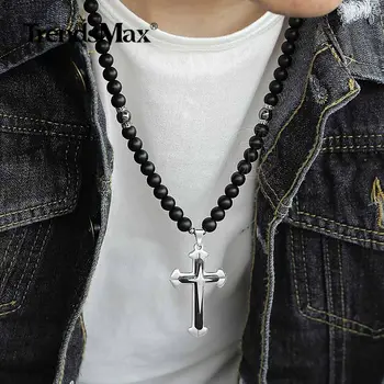 Trendsmax Mate de Vidrio Perlas Largo Collar de Cadena Para Hombre de Negro de la Cruz Crucifijo Colgante de Collar de la Joyería Religiosa DN122
