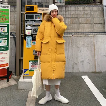 A medio-largo Estilo Parkas Mujer Sólidos de Invierno Cuello de Piel de Gran Bolsillo para Mujer de Estilo coreano de Moda Suelta Retro Caliente Ulzzang Streetwear