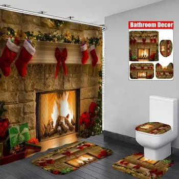La navidad de la Cortina de Ducha 3D Digital de la prenda Impermeable de la Impresión del Poliéster de Navidad de la Serie de la Chimenea de Decoración cuarto de Baño 2020 Nuevo