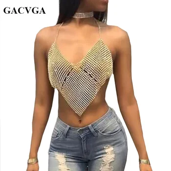 GACVGA 2020 Triángulo de Diamantes Recortar la parte Superior de Cristal Halter Tops de Verano Glitter Mujeres Backless Sexy Discoteca Corpiño parte Superior del Tanque