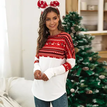 5XL de Gran Tamaño Tops Casual de Manga Larga de Algodón T Camisa de Mujer en tallas de Navidad de Patchwork de gran tamaño de la Camiseta 2020 Otoño Invierno