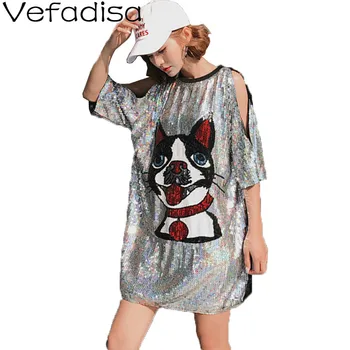Vefadisa Animal Perro de Impresión T-shirt Vestido Lleno de Lentejuelas de las Mujeres Vestido de Verano de 2020 de los Hombros Fuera de la Calle T-camisa de Vestir de QYF2445