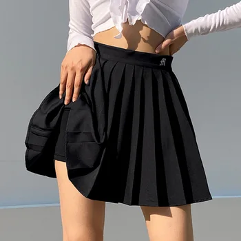 Casual Blanco Mini Faldas Plisadas Cortos De Letra De Impresión De Talle Alto, Falda Corta De Corea Preppy Estilo De Baile De Verano De 2020