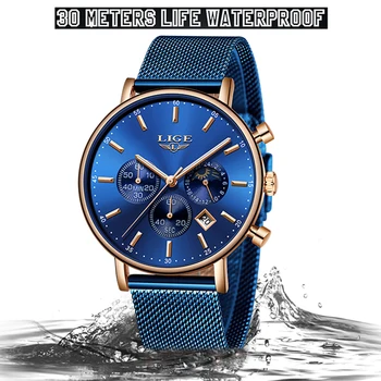 LIGE Relojes para Hombre de la Marca Superior de Lujo Azul Casual de Malla de la Correa de Reloj de Moda Reloj de Deporte de los Hombres Impermeable Reloj de Cuarzo Relogio Masculino