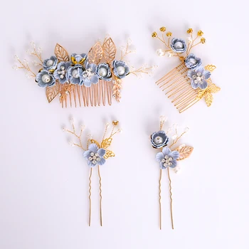 4 Pcs/set Azul de la Flor Tiara pinzas para el Pelo, Peines de Perlas de diamantes de imitación de las Hojas de la Boda de Cabello en Mujeres de la Joyería Para la Novia en Oro Accesorios para el Cabello