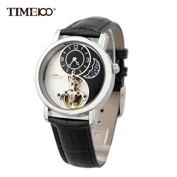 Time100 Unisex Esqueleto Relojes Mecánicos De los Hombres de las Mujeres impermeables de Taichi Patrón de Sol, fases de la Luna Correa de Cuero Negro
