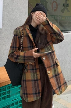 Otoño invierno 2020 nueva versión coreana de estilo Británico suelto de la solapa de manga larga acolchada chaqueta de abrigo de lana de las mujeres