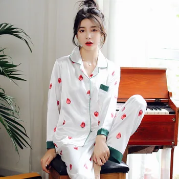 Imprimir los Pantalones de Pijama de 2 piezas Conjuntos de 2020 Otoño de las Mujeres de las Señoras de Satén de Seda Conjuntos de Pijamas de Manga Larga Tops+Pantalones ropa de dormir ropa de Dormir