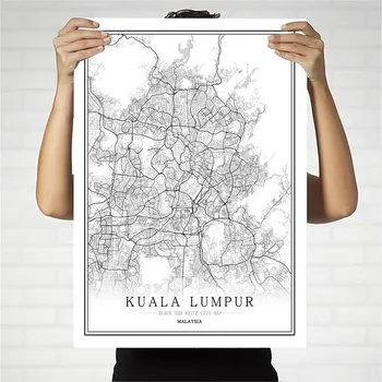 Malasia en Blanco y Negro Mapa de la Ciudad de Cartel Nórdicos Sala de estar Kuala Lumpur Arte de Pared de la Decoración del Hogar, Pintura en tela, regalo Creativo
