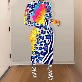 CHRONSTYLE Leopard Empate Teñido de Impresión de Retazos de las Mujeres Vestido de 2020 Sexy Clubwear Fiesta de Otoño de Manga Larga de Bodycon Vestido Maxi Largo