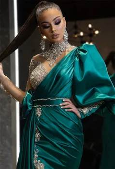 Eightale árabe de Vestidos de Noche de 2020 Cuello Alto con Cuentas con diamantes de Imitación de fractura del Lado Verde Sexy Prom Vestido de Mangas Largas de Fiesta Formal