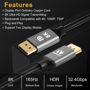 DisplayPort 1.4 Cable 8K 4K HDR 60Hz 144Hz 32.4 Gbps Adaptador DisplayPort de Video Para PC Portátil, TV de DP 1.4 1.2 Display Port 1.2 Cable