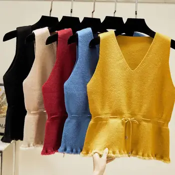 Suelta sin Mangas de Punto Chaleco de Suéter de Mujer V-cuello de Encaje de Cintura Arco Volante Suéter de Jersey Chaleco del Suéter de las Mujeres de la Primavera 2020