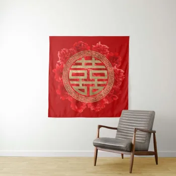 Personalizado Símbolo de la Doble Felicidad en Peonías Rojas Tapiz de Dormitorio de la Decoración para la Sala de estar de la Tierra Colgante de Pared de Arte para el Dormitorio, Sala de estar
