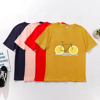 Linda Bicicleta Imprimir las Mujeres T camisetas de Primavera Verano de Manga Corta O de Cuello de Algodón Spandex Mujeres Tops Camisetas Slim Fit Mujer camisetas