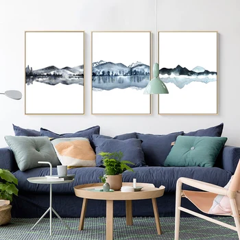 Montañas del Lago de Impresión de Póster Pinturas de Paisajes en El Arte de la Pared Azul Abstracto Pintura en tela, Decoración Nórdica Imagen sin marco