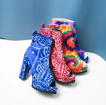 Las mujeres de Tobillo Botas de Plataforma de Impresión de Cuero Bandana Graffiti Zapatos Casual Postal de Calzado de Damas Peep Toe Plaza Talón 2020 Más el tamaño