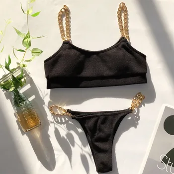 Cadena de Metal Acanalado Bikinis Conjunto Push Up Traje de Natación para Mujer de la Alta Corte de Pierna Traje de baño de Verano de 2020 Negro Sólido Blanco de los Trajes de Baño