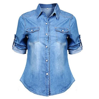 2018 Señoras De La Manera Del Dril De Algodón Camisas De Verano De Las Mujeres Casual Azul Jean, Camisa De Manga Larga Tops Blusa Chaqueta De Moda Casual Sólido Camisetas