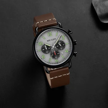 MEGIR 2020 Nuevos Relojes de los Hombres del Cronógrafo Luminoso de Deporte de los Hombres Reloj de Pulsera de Cuarzo de Hombre con Correa de Cuero Impermeable Reloj para Hombre