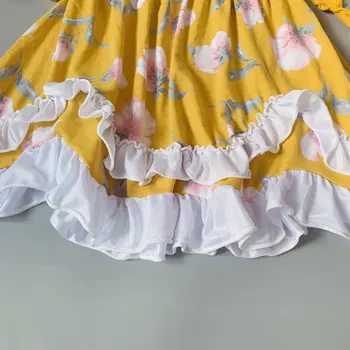 Chica nueva de diseño de Verano de los Niños de Algodón de color amarillo patrón floral de encaje vestido de Oscuro remolino vestido con cintura