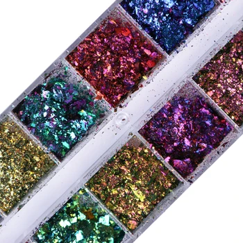 12 Diseños de Camaleón Copos de Consejos de Arte de Uñas Glitter Poder Lentejuelas Paillette Chrome Decoración de Uñas Resplandeciente Polvo Set de Manicura SAQC