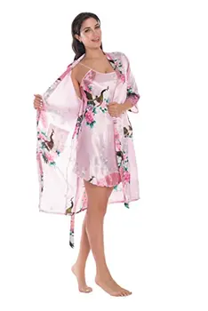 2 Piezas Del Conjunto De Las Mujeres De Seda De Pavo Real Kimono Batas De Lencería Sexy De Las Mujeres De La Boda De Fiesta De Dama De Honor De La Túnica De Raso Camisón Albornoz Pijam