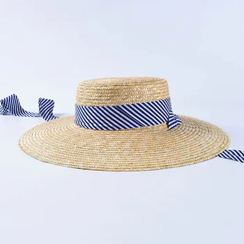 2019 de las Nuevas Mujeres de Ala Ancha de Paja de Trigo Sombreros de Playa de Verano Sombrero para el Sol con Azul marino de Rayas de la Corbata de la Cinta Navegante Sombrero Vocación Derby Cap