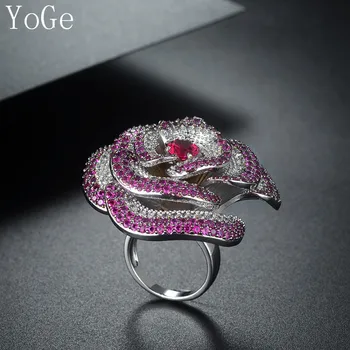 YoGe la Boda y la Fiesta de la Joyería para las Mujeres,R0918R de Lujo AAA CZ piedra roja rosa flor gran anillo