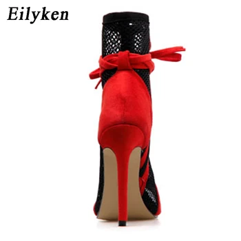 Eilyken Nueva 2021 Chelsea de Malla de las Mujeres Fino Tacón de 11,5 CM de Zapatos de Moda de las Señoras de Tobillo Peep Toe de Encaje Hasta las Botas Sandalias Negro Rojo