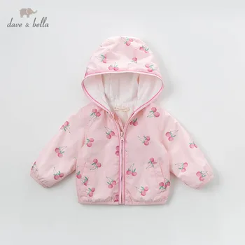 DBZ13683-1 dave bella primavera de las niñas de bebé lindo de la cremallera de la fruta de impresión abrigo con capucha de los niños tops de moda bebé niño ropa de abrigo