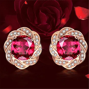 14k de oro rosa color de la flor de cristal rojo rubí piedras preciosas diamantes pendientes del perno prisionero para las mujeres clásicas de la joyería brincos de bisutería de moda