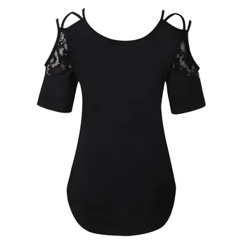 LIBRE de AVESTRUZ Mujeres Camisetas Sexy Fuera del hombro de Encaje Superior manga Corta Negro Suelto Tendencia Elegante Noble Simple de Verano Blusa de Camisetas de