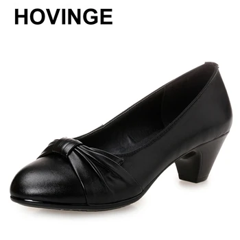 HOVINGE Nuevos de tacón alto de cuero de zapatos de las mujeres negro de cuero genuino zapatos de punta redonda tacón grueso para la oficina de las mujeres más sizeE106