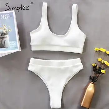 Simplee Sólido blanco bikini Sexy cintura alta de verano de la playa de dos piezas traje de baño Acanalado traje de baño Bañistas traje de baño biquini