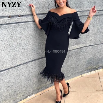 NYZY C95 Elegante Traje de Cóctel de Plumas Vestido para la Fiesta de Boda de la Mitad de la Manga Negro Vestido de Noche Corto vestido coctel de 2019