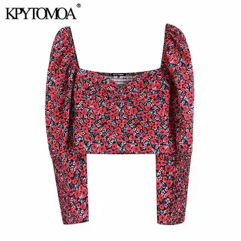 KPYTOMOA las Mujeres de la Moda de la Impresión Floral Recortada Blusas de las Mujeres de la Vendimia de Cuello V Manga Larga de Espalda Elástica Femenino Camisetas Chic Tops