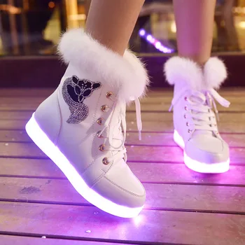 Botas de mujer zapatos de las mujeres de Invierno Blanco Real de diamantes de imitación de Piel de Conejo Botas para Niñas de LED Luminoso de Carga USB de color Rosa Zapatos de los Niños