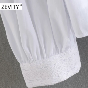 ZEVITY de las Nuevas mujeres de la moda de cuello de pie de volantes blanco blusa de popelina de la camisa de las mujeres de encaje de ganchillo elegante blusa de otoño chemise tops LS7196