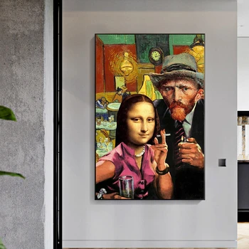 Divertido Arte de la Mona Lisa y Van Gogh Fumar Pinturas en Lienzo de Arte de la Pared Carteles y Grabados Da Vinci Famosas Pinturas para la Sala de estar
