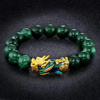 De oro PIXIU de la Pulsera De las Mujeres de los Hombres de color Verde Par de Perlas Pulsera de Traer Suerte Valientes Riqueza Feng Shui Pulseras para hombres