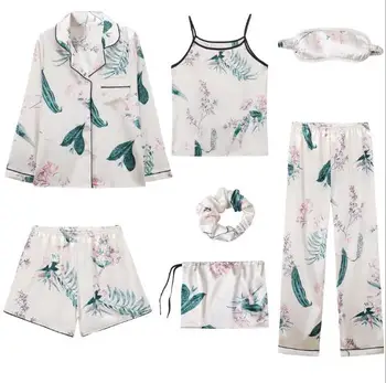 7 piezas de pijamas de mujer casual de impresión de ropa de dormir a casa la ropa de satén de seda ropa de dormir pijamas de mujer primavera otoño pijama mujer