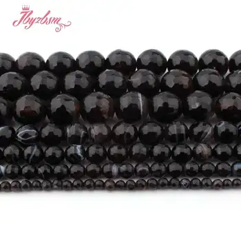 4,6,8,10 mm Facetas de la Ronda Cordón Negro de la Raya Ágatas Naturales Cuentas de Piedra Para DIY Collar Bracelat la Fabricación de Joyas De 15