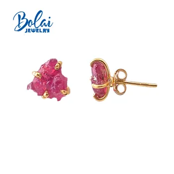 Bolaijewelry,Natural de rubí rugosa de piedras preciosas pendientes, diseño simple, adecuado para cualquier ocasión para el desgaste de la plata esterlina 925 de la joyería
