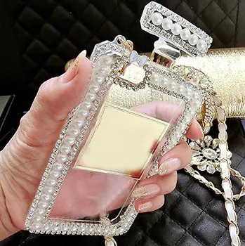 Diamante de Cristal Lindo Perla Frasco de Perfume con Forma de Cadena del Bolso de la Cubierta de la caja para el iPhone 11 12 max pro XS MAX XR 5S 6S 7 8PLUS Caso